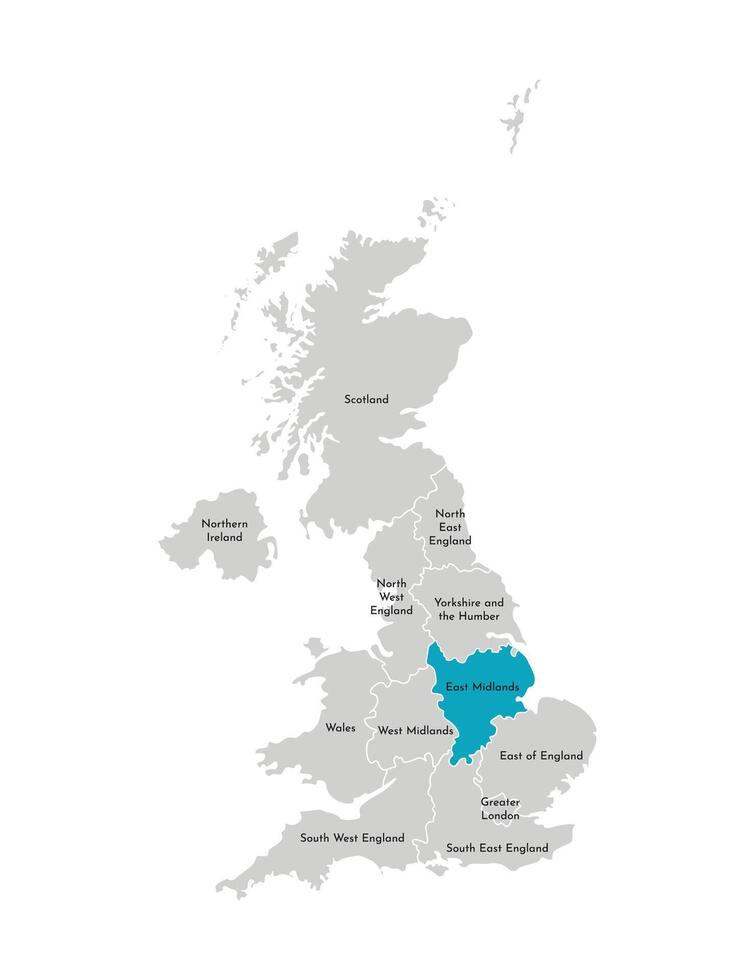 vektor isolerat illustration av förenklad administrativ Karta av de förenad rike, Storbritannien. blå form av öst mittlandet. gränser och namn av de regioner. grå silhuetter. vit översikt.