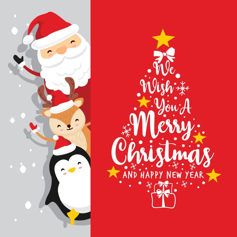 Weihnachtsmann-Hirsch-Pinguin-Text frohe Weihnachten und ein glückliches neues Jahr Karte rot vektor