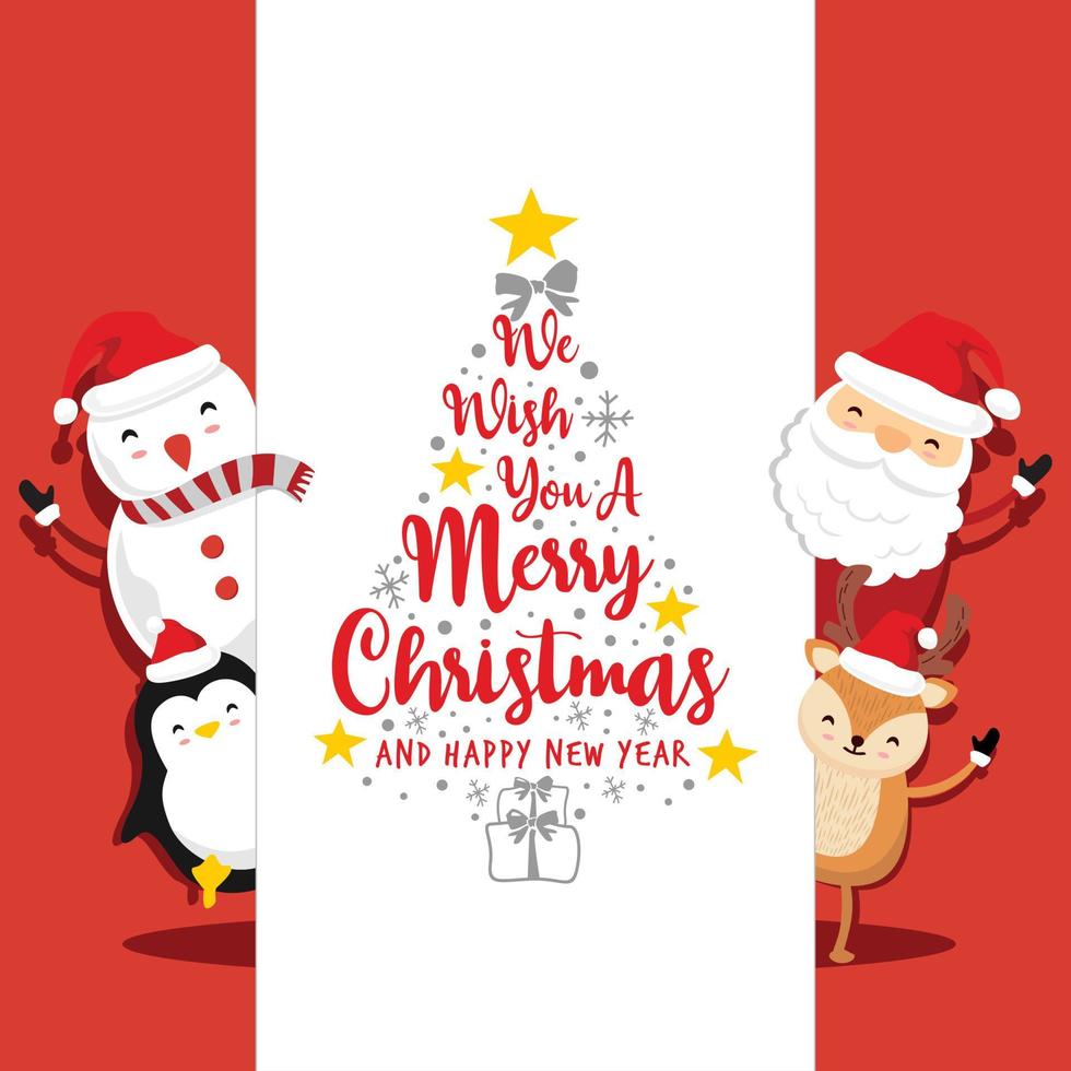 Weihnachtsmann-Hirsch-Pinguin-Text frohe Weihnachten und ein glückliches neues Jahr rote Karten vektor