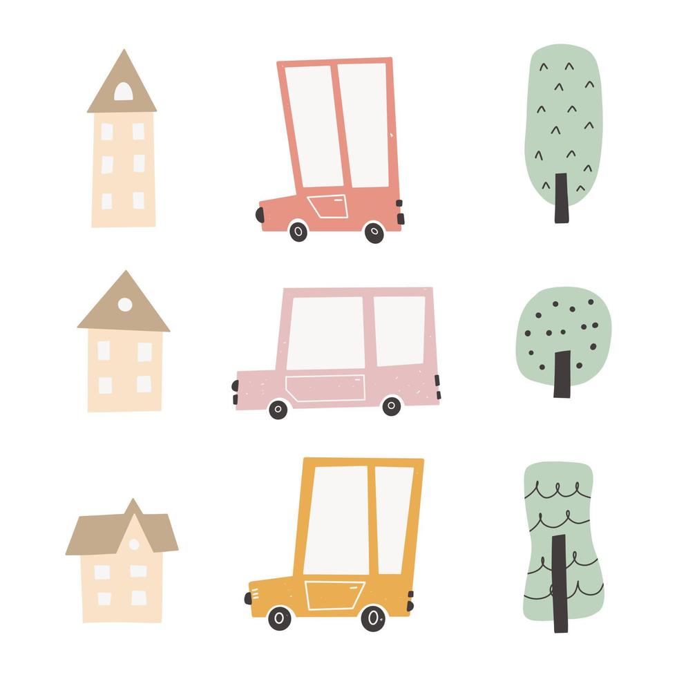 Stadtautos für Kinder mit niedlichen Häusern und Bäumen. lustiger Transport. Cartoon-Vektor-Illustration im einfachen kindischen handgezeichneten skandinavischen Stil für Kinder. vektor