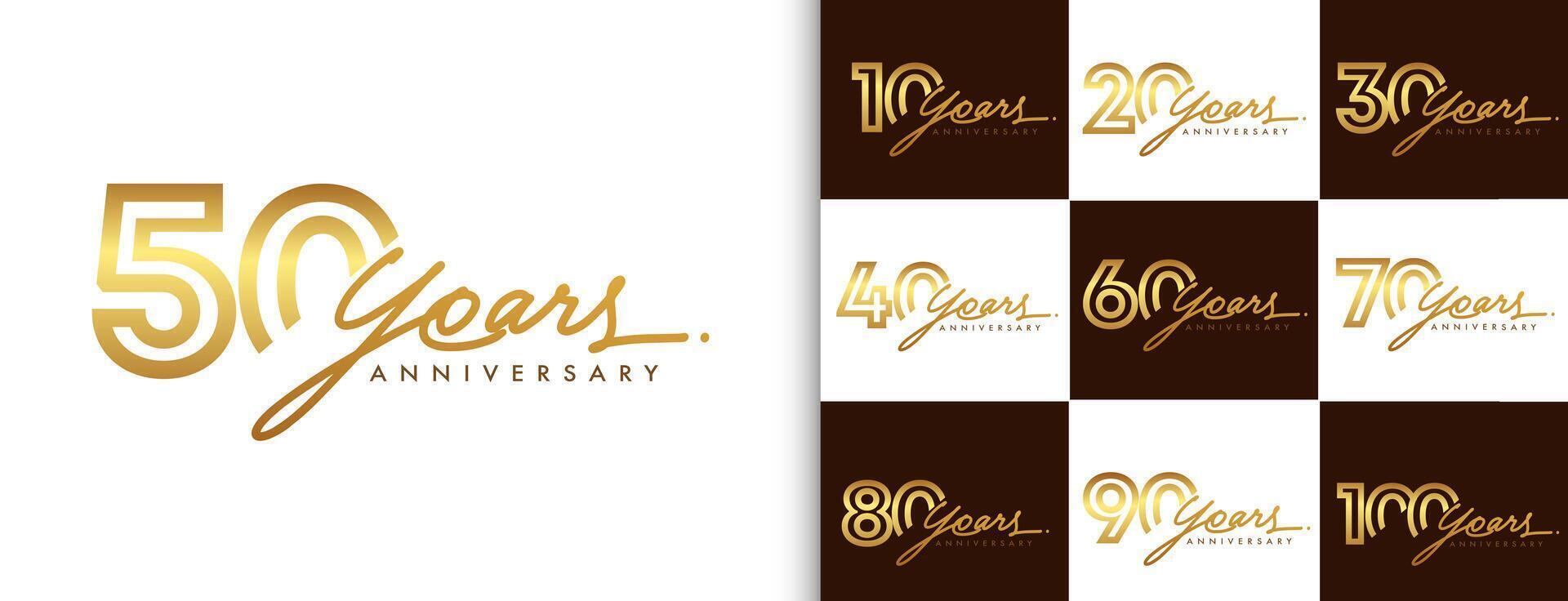 einstellen von Jahrestag Logo Design mit Handschrift golden Farbe zum Feier Fall, Hochzeit, Gruß Karte, und Einladung. Vektor Illustration.