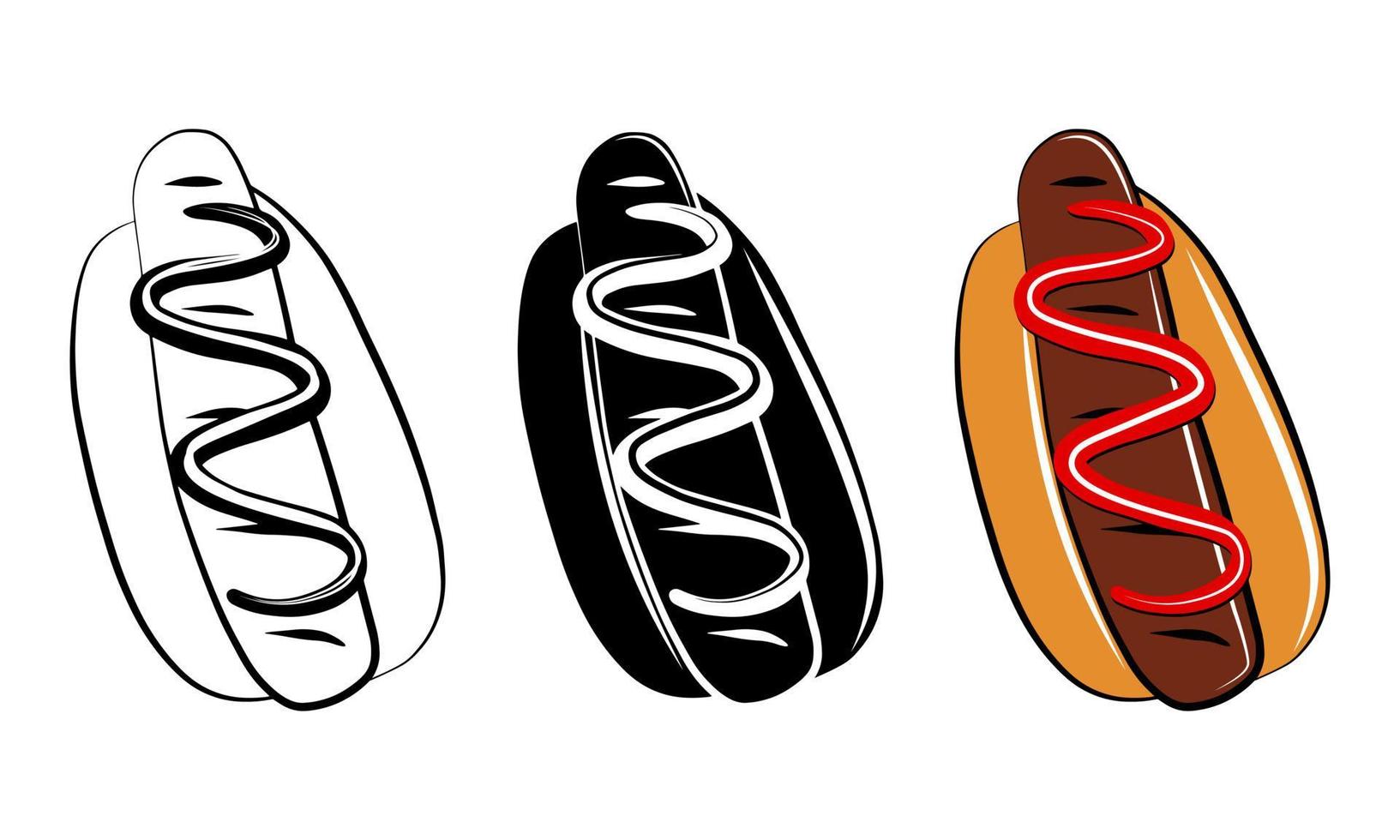Hotdog-Fast-Food-Vektor-Illustration. Gekritzel-Icon-Set, buntes Logo-Umriss-Emblem der Karikatur. Verpackungsdesignelement. vektor