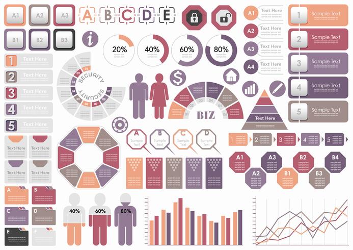 Sats av diverse affärsrelaterade info-grafik, taggar och ikoner isolerade på vit bakgrund. vektor