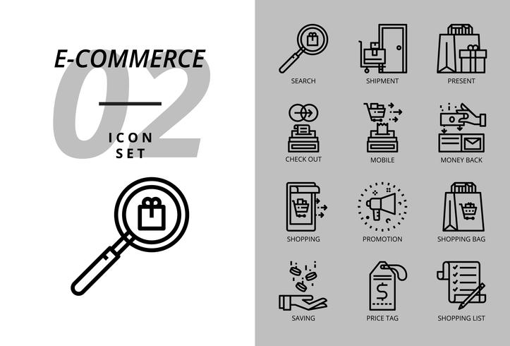 Icon Pack für E-Commerce, Suche, Versand, Gegenwart, Auschecken, Handy, Geld zurück, Kleidung für Männer, Werbung, Einkaufstasche, Einkaufen vektor