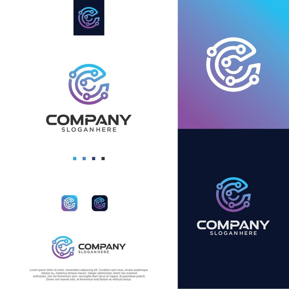 bokstaven c logotyp krets design vektor lager. alfabetet c tech logotyp linje anslutning integrera koncept. initial c logotyp connect dot nätverksdesignteknik digital