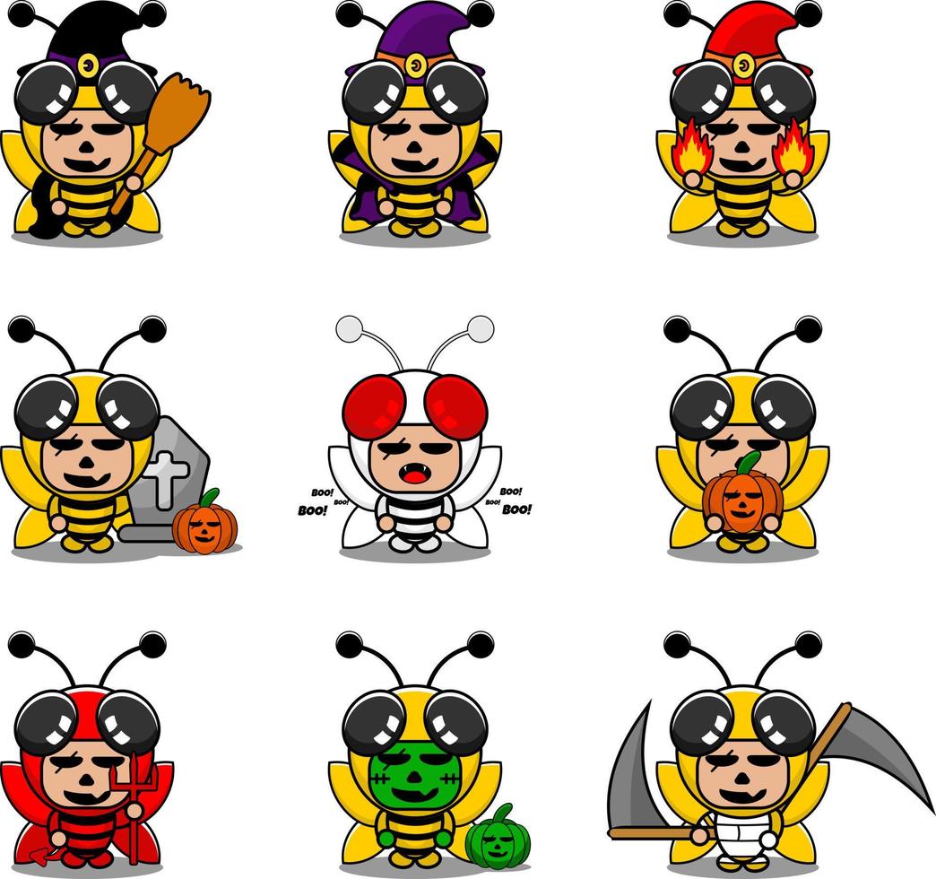 Vektor-Cartoon-Figur niedliche Biene Tier Maskottchen Kostüm Set Halloween Bundle vektor