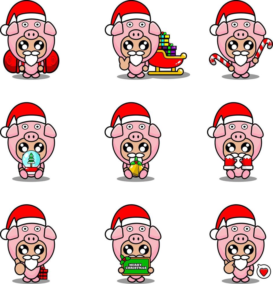 Vektor-Cartoon-Zeichensatz Maskottchen Kostüm Schwein süßes Weihnachtsbündel vektor