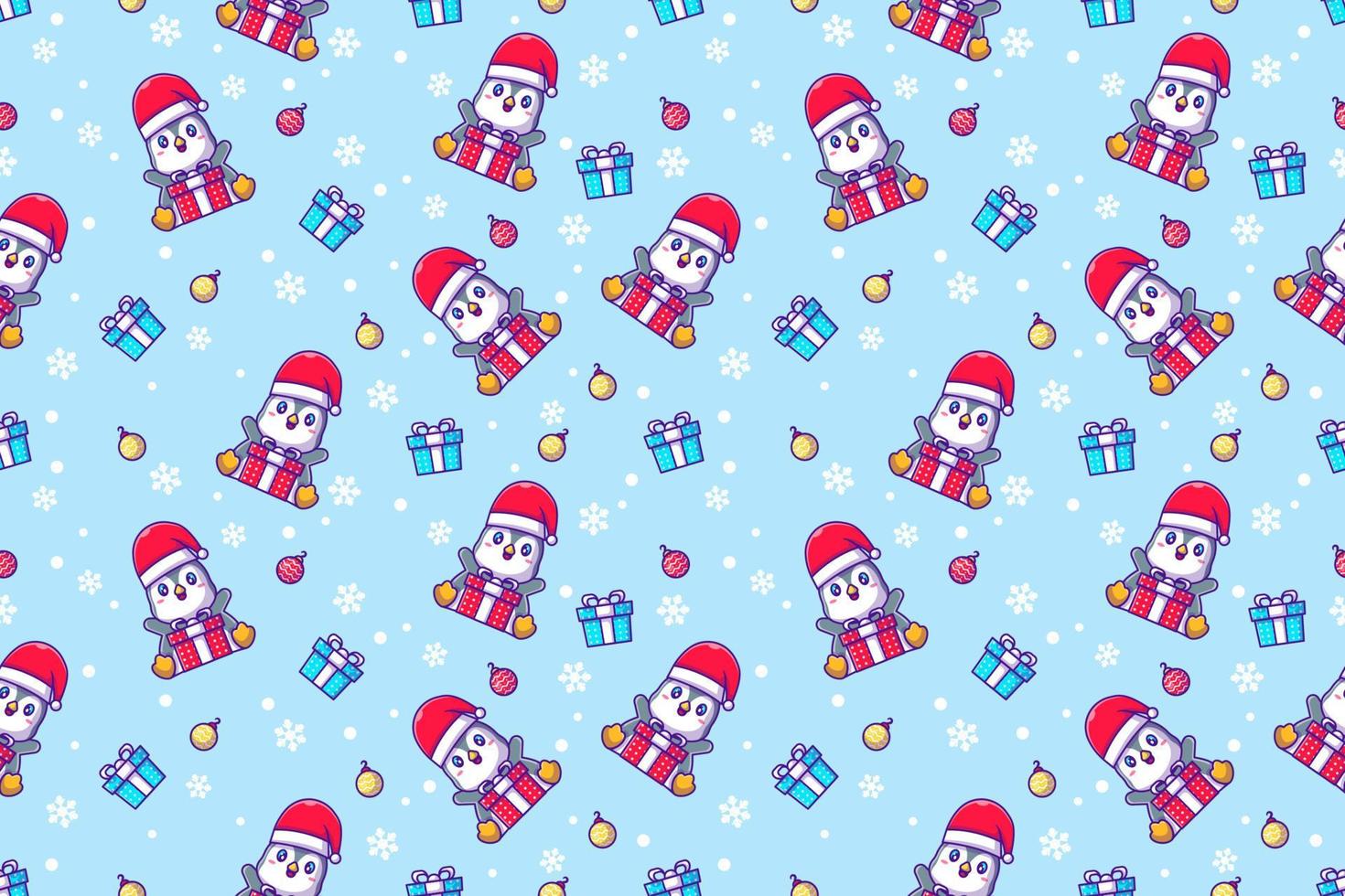 süßer glücklicher Pinguin und frohe Weihnachten mit nahtlosem Muster vektor