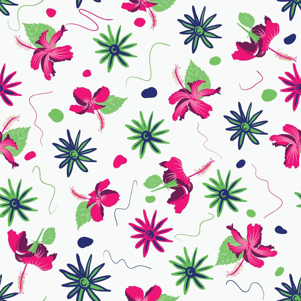 brokig sömlös blommig hibiskus ros malva illustration motiv konst flores för färgglada väggdekorationer, gardiner eller draperier. vektor