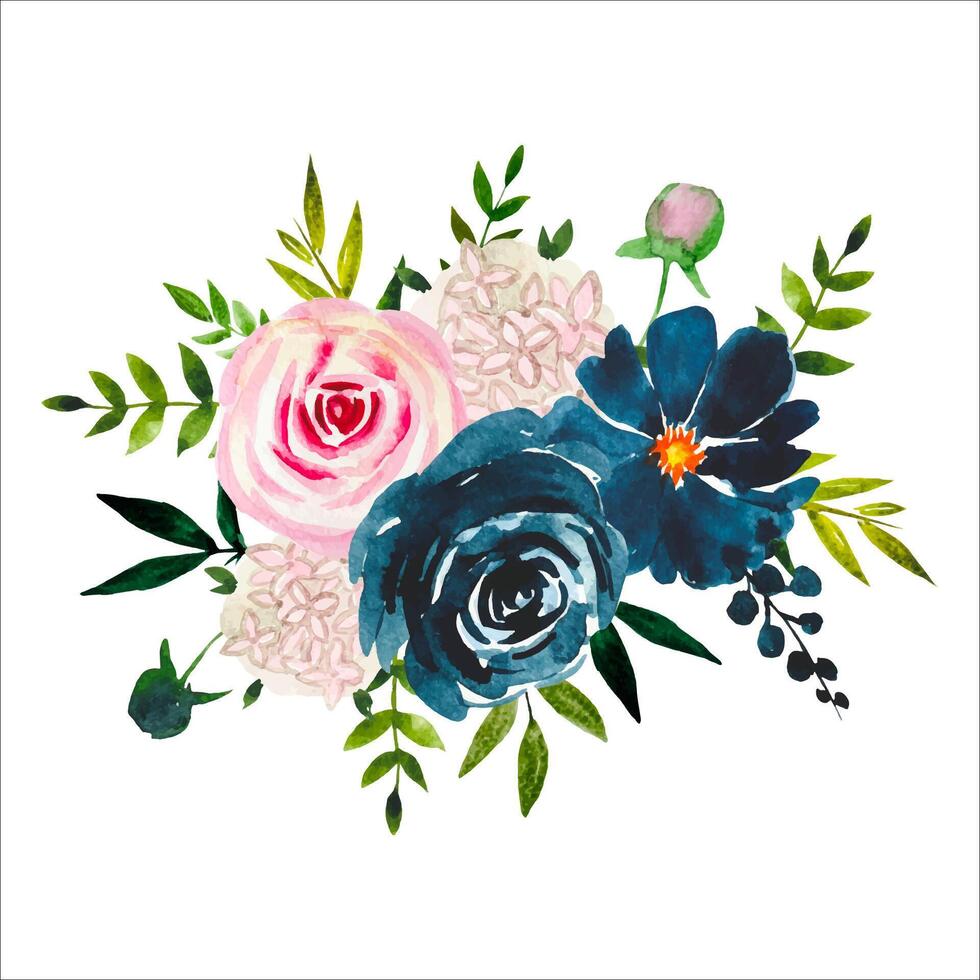 Aquarell Blumen- Strauß, Indigo und erröten Rosen. Sommer- Komposition vektor