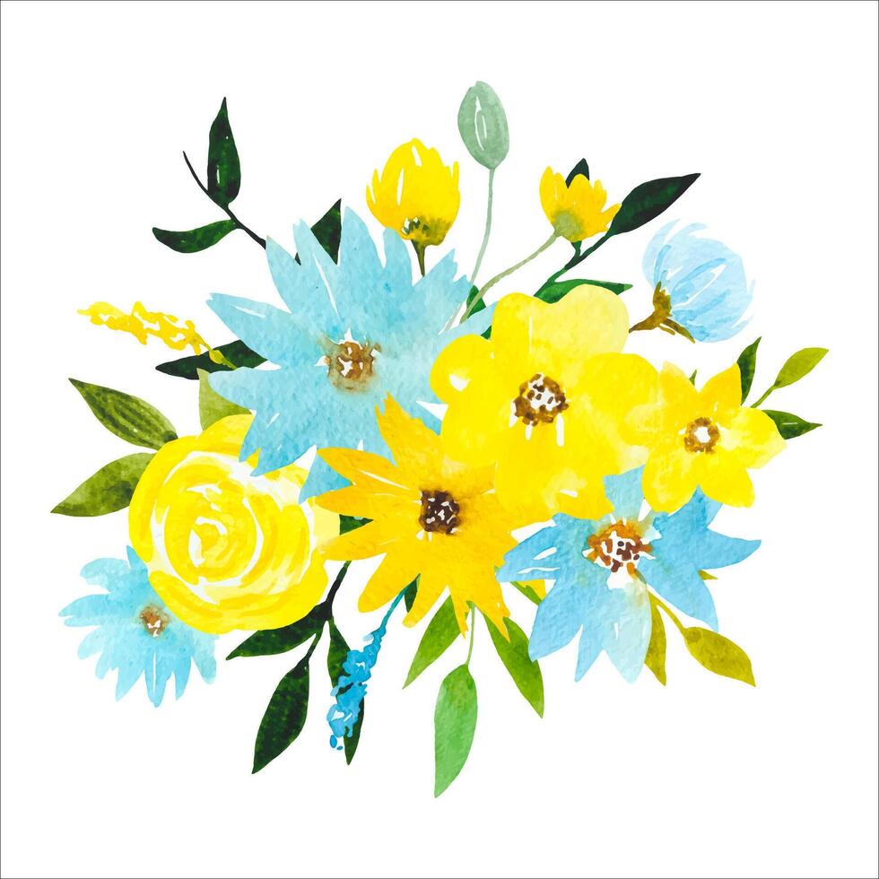 Gelb Blau Aquarell Blume Clip Art Blumen- Anordnung mit Blumen Blätter vektor