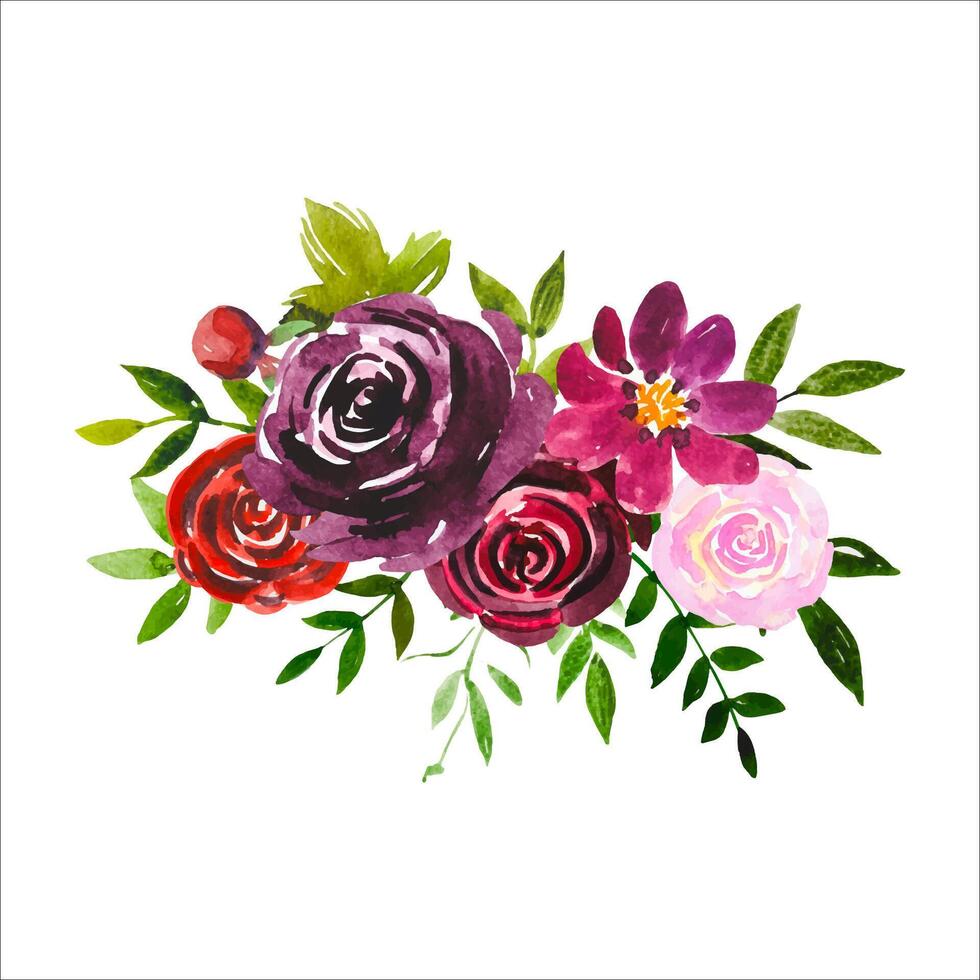 Aquarell Blumen- Strauß, Burgund und erröten Rosen vektor