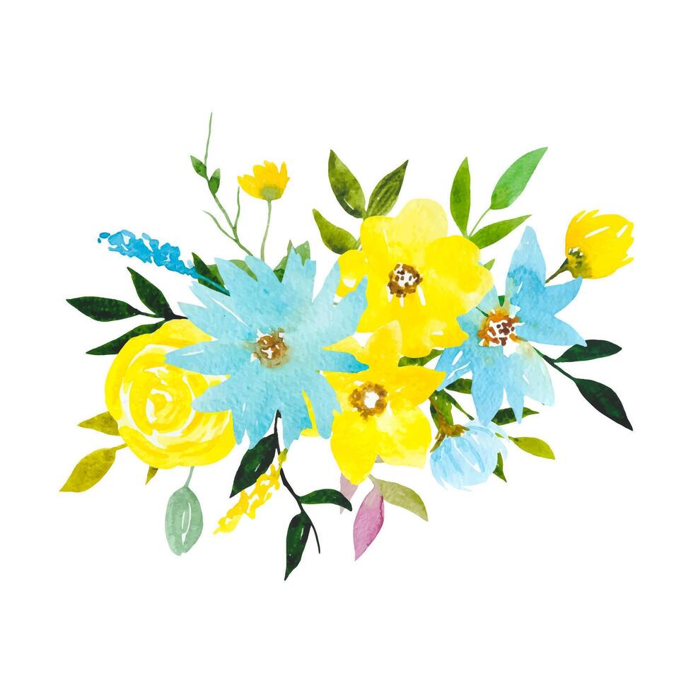 gul blå vattenfärg blomma ClipArt blommig arrangemang med blommor löv vektor