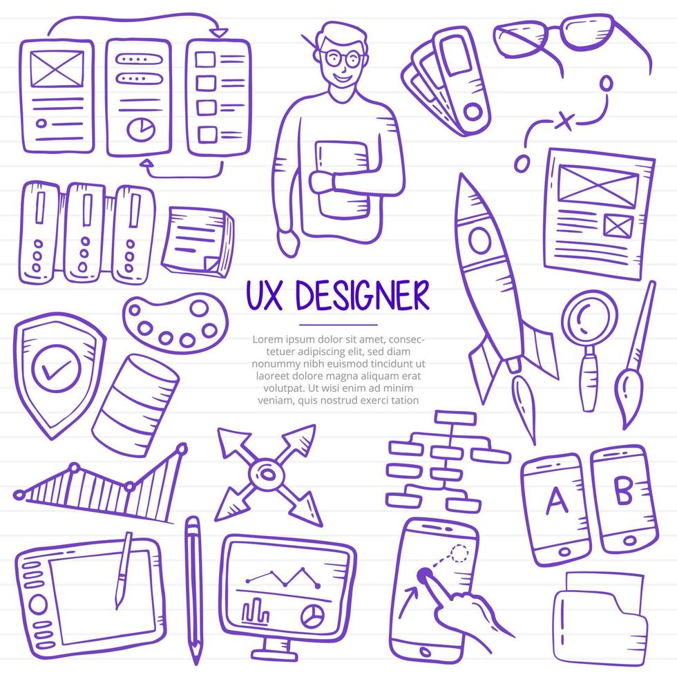 ux Designer Jobs Beruf Karriere Doodle handgezeichnet mit Umriss-Stil auf Papierbuchlinie vektor