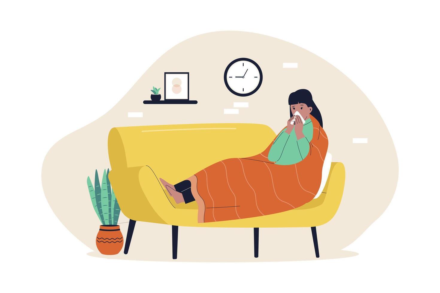 en sjuk kvinna på soffa illustration vektor