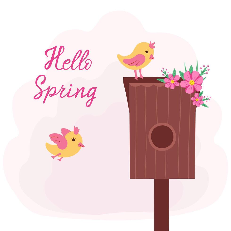 Hallo Frühling, Vogelhaus mit Vögel. Illustration zum Drucken, Hintergründe, Abdeckungen und Verpackung. Bild können Sein benutzt zum Gruß Karte, Poster, Aufkleber und Textil. isoliert auf Weiß Hintergrund. vektor