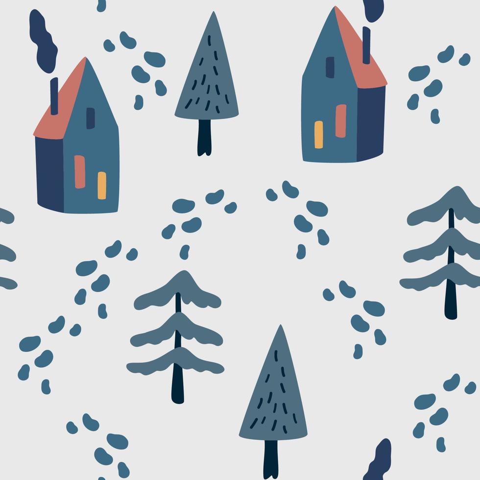 vinter hus och julgranar seamless mönster. landskap dekorativ bakgrund för tapeter, skuggmönster, utskrift på tyg, digitalt papper. vektor illustration.