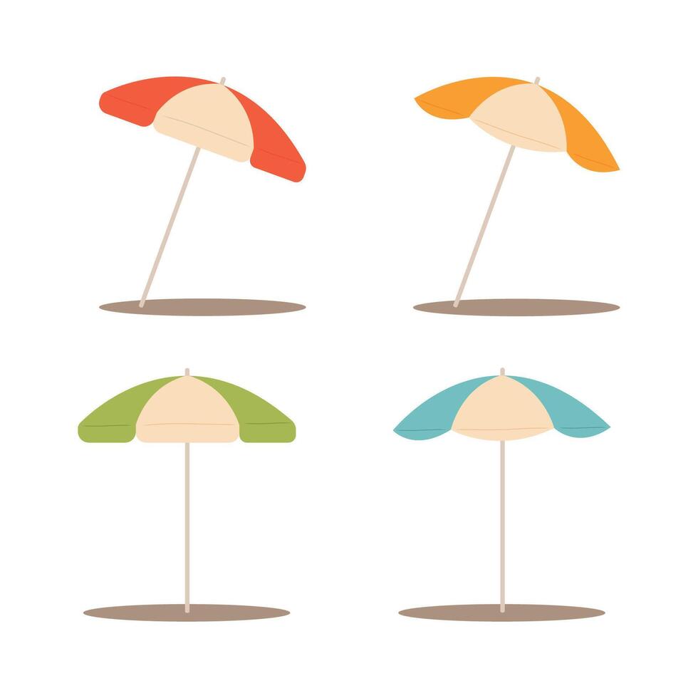 bunt Strand Regenschirme einstellen isoliert auf Weiß Hintergrund im eben Stil. Karikatur Vektor Illustration Clip Kunst zum Sommer- oder Sonne Schutz Konzept. zwei Typen von Regenschirme im vier Farbvarianten.
