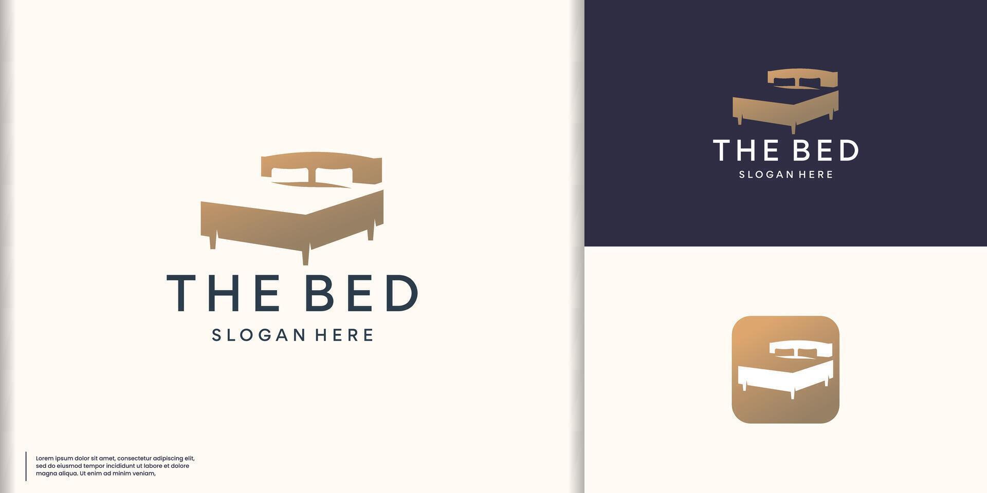enkel säng möbel logotyp inspiration. gyllene Färg inspiration för företag interiör sovrum vektor
