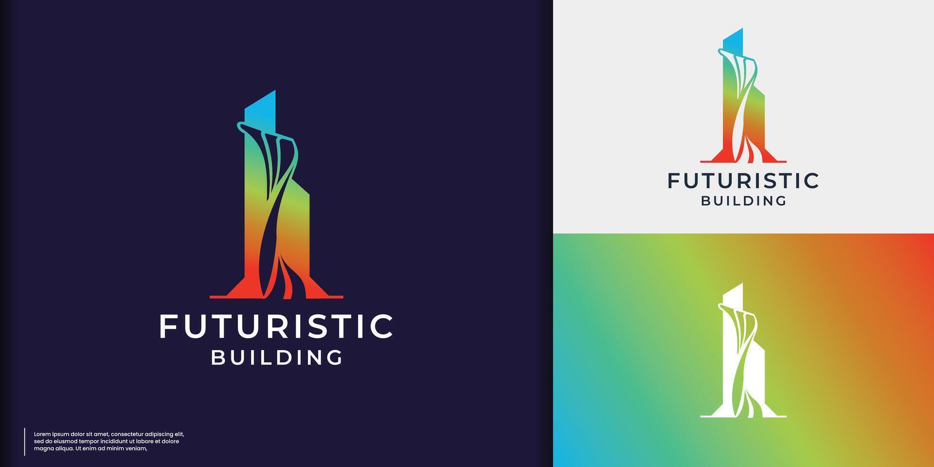 futuristisch Gebäude mit modern Gradient Farbe Branding. Zukunft Gebäude Logo Design Inspiration. vektor