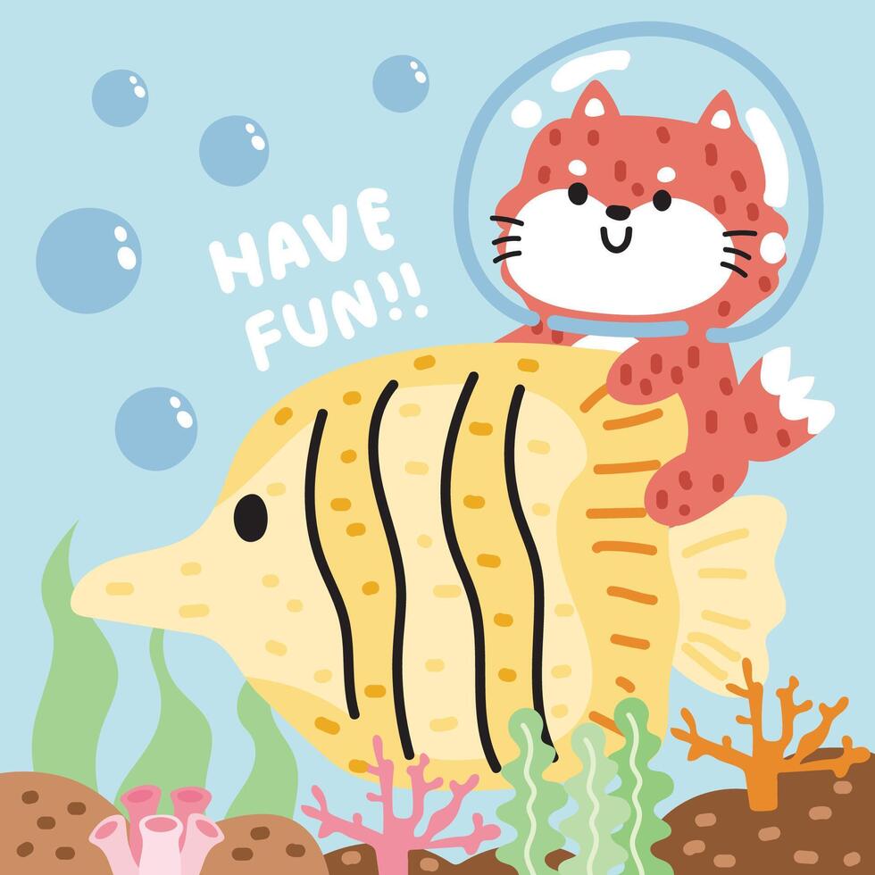 süß Fuchs Sanft Haar halt groß Fisch im das Meer Koralle Hintergrund.wild und Meer Leben Tier Charakter Design. Marine. Ozean. Sommer. Kawaii. Vektor. Illustration. vektor