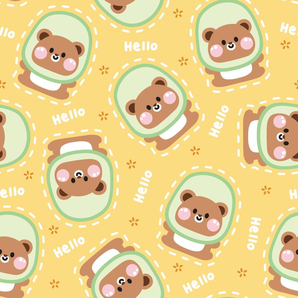 nahtlos Muster von süß Teddy Bär tragen Kiwi Hut Maskottchen mit Hallo Text Hintergrund.wild Tier Charakter Karikatur design.baby kleidung.kawaii.vektor.illustration. vektor