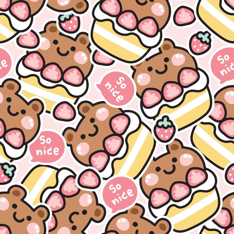 sömlös mönster av söt teddy Björn huvud jordgubb kaka med så trevlig text klistermärke bakgrund.vild djur- ansikte karaktär design.söt och dessert.frukt.bageri.kawaii.vektorillustration. vektor