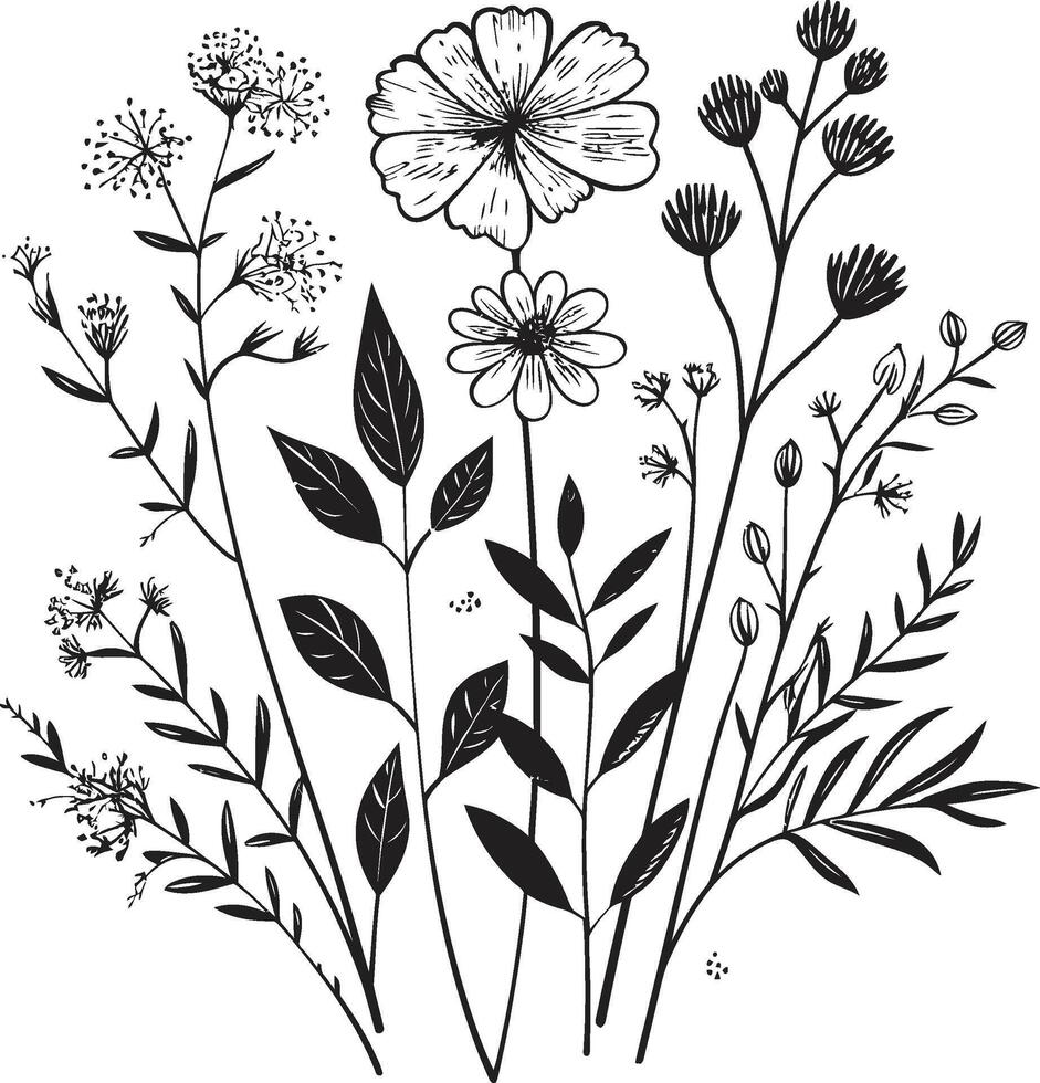 gåtfull bukett svart emblem terar botanisk blommig elegans blommar i harmoni enfärgad vektor logotyp med svart blom