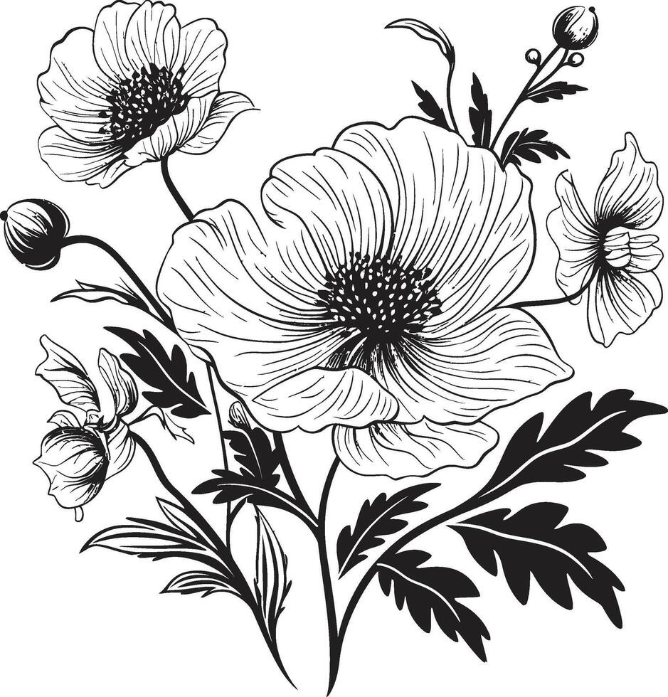 Garten Gelassenheit schick Vektor Logo mit schwarz botanisch Blumen rätselhaft Strauß schwarz Emblem mit botanisch Blumen- Eleganz