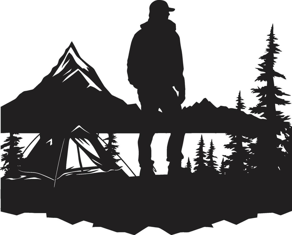 Berg Majestät glatt monochromatisch Emblem zum draussen Enthusiasten Sternenlicht Heiligtum schwarz Vektor Camping Logo Design Symbol zum Nachtzeit Glückseligkeit