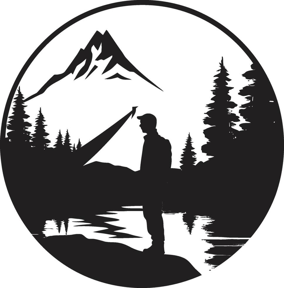 Naturen Symphonie schwarz Vektor Logo Design Symbol zum Camping Glückseligkeit Mondschein Wiese schick Camping Symbol im monochromatisch schwarz