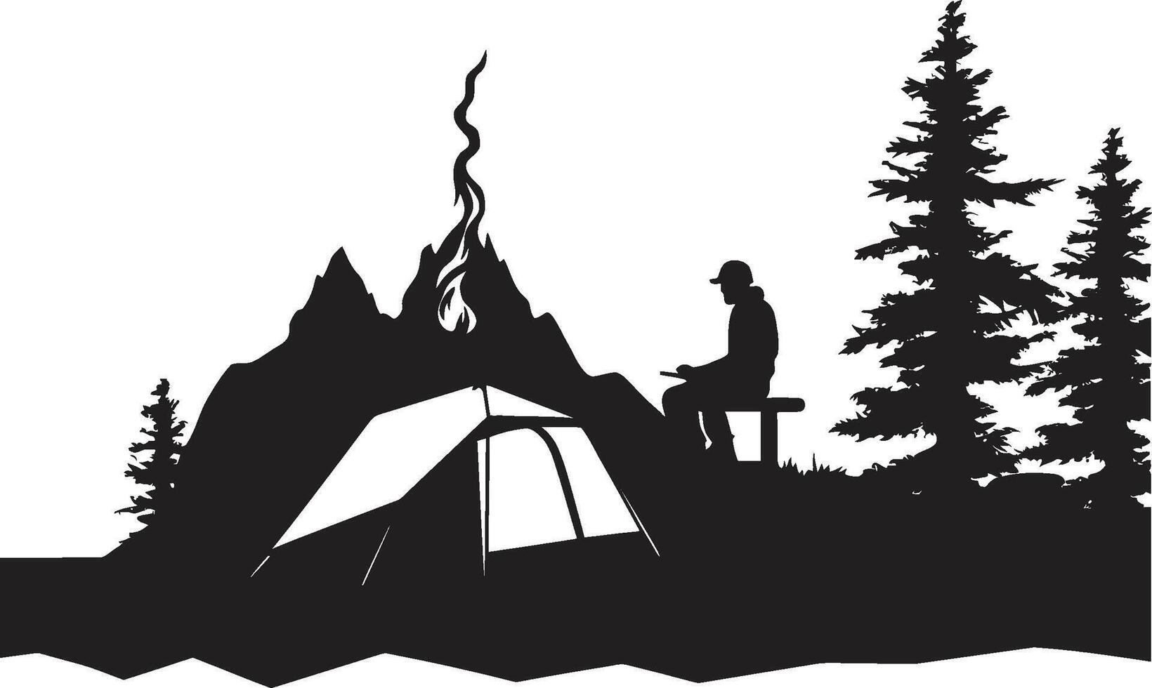 in i de trän elegant svart ikon med vektor logotyp för camping lägereld Krönikeböckerna elegant enfärgad emblem för utomhus- äventyr