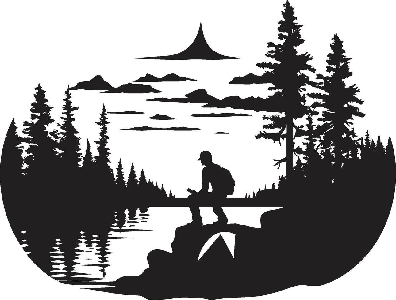 Einbruch der Dunkelheit Rückzug einfarbig Vektor Logo zum Wildnis Enthusiasten holzig Wanderer schwarz Vektor Camping Logo Design Symbol