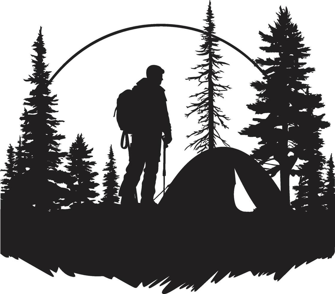 holzig Wanderer elegant Emblem zum einfarbig Camping Enthusiasten Camping Sternbilder Vektor Logo Design im schick schwarz