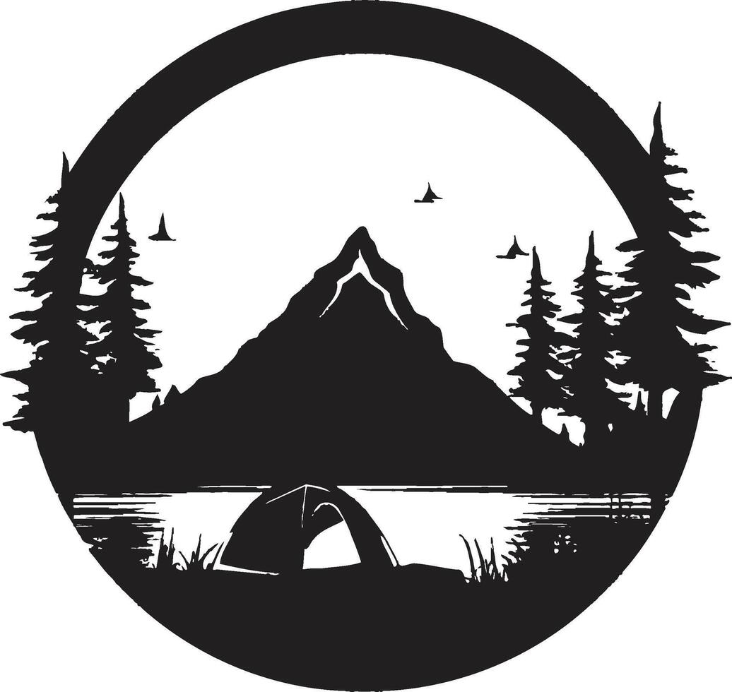 Fernweh Oase schwarz Vektor Logo Design Symbol zum Natur Entdecker in das Wald elegant schwarz Symbol mit Vektor Logo zum Camping