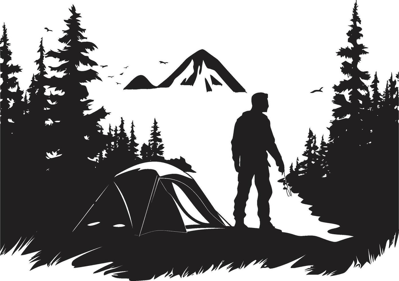 Camping Eskapade einfarbig Emblem zum Nachtzeit Abenteuer Suchende Berg Majestät schick schwarz Symbol präsentieren Vektor Camping Design