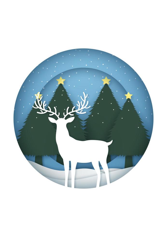 merry christmas card med snöfall på julgranar och renar i cirkulär ram vektor