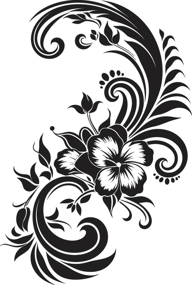 Blumen- Fantasie einfarbig Emblem mit dekorativ Blumen- Ecken schick Reben elegant schwarz Logo Design mit dekorativ Ecken vektor