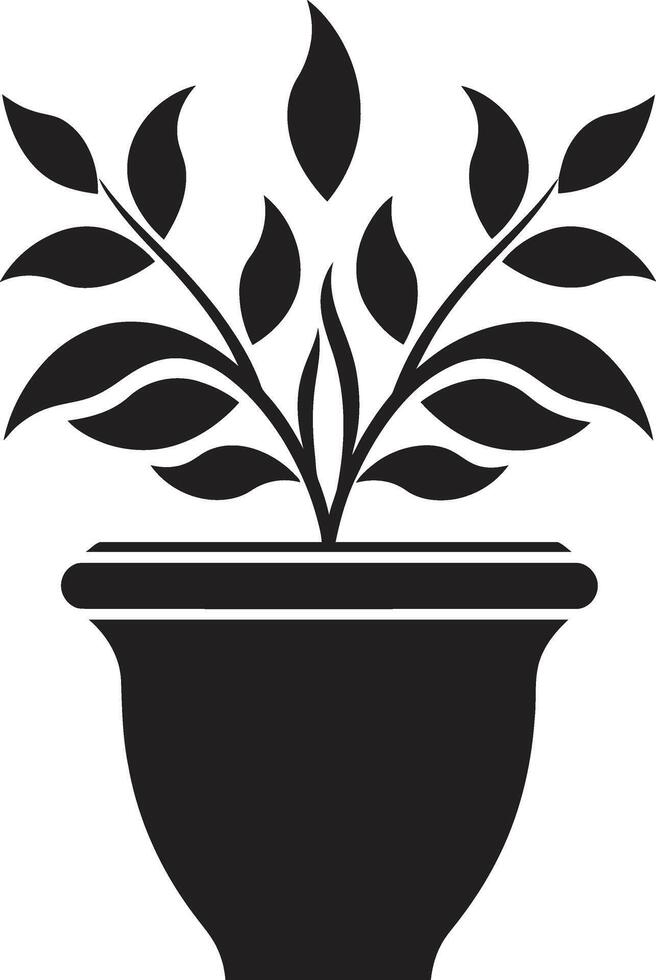 eingetopft Prestige elegant schwarz Symbol mit dekorativ Pflanze Topf Naturen noir einfarbig Emblem Hervorheben schick Pflanze Topf Design vektor