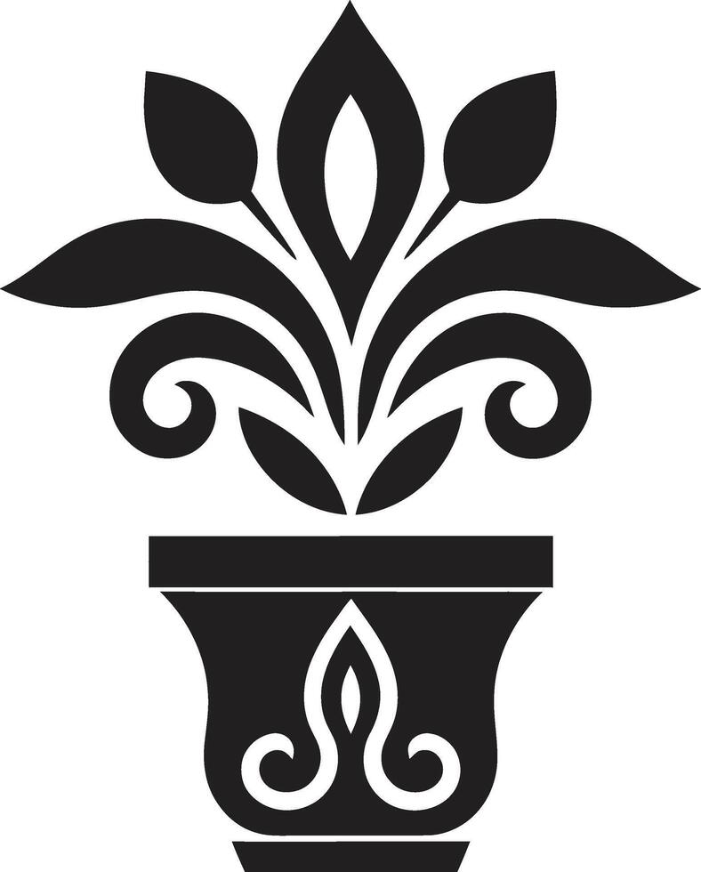 eingetopft Prestige elegant schwarz Symbol mit dekorativ Pflanze Topf Naturen noir einfarbig Emblem Hervorheben schick Pflanze Topf Design vektor