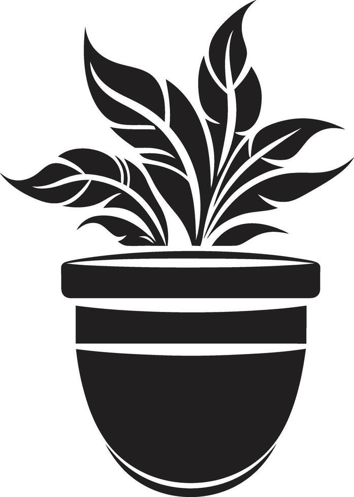 botanisk blomma eleganta växt pott logotyp i svart kronblad närvaro svartvit emblem med dekorativ växt pott vektor