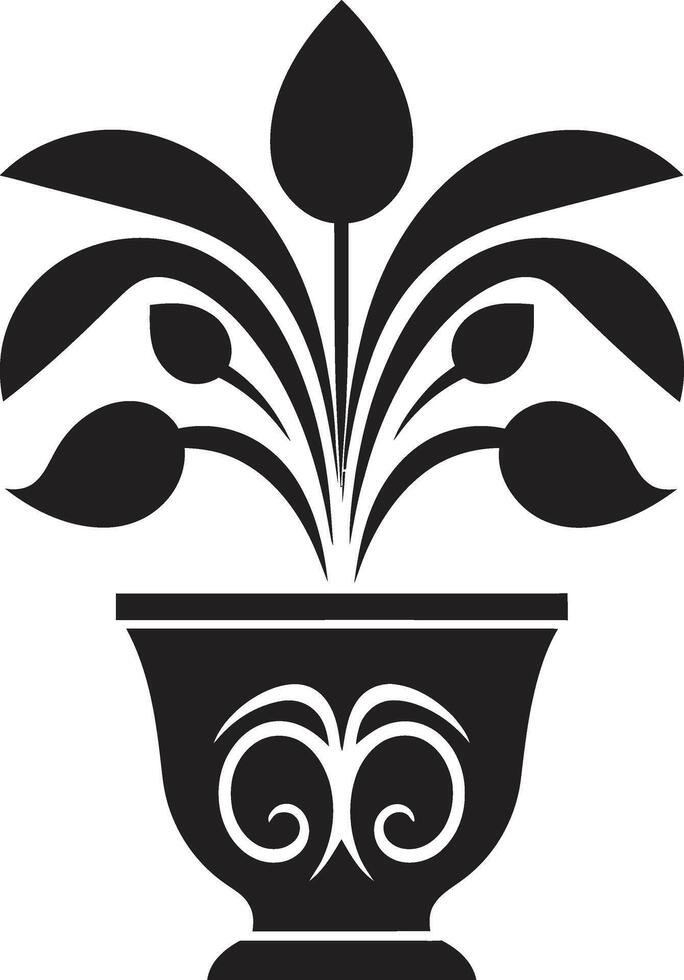 organisch Oase schick schwarz Vektor Symbol mit dekorativ Pflanze Topf Blütenblätter im Keramik glatt schwarz Logo mit elegant Pflanze Topf Design