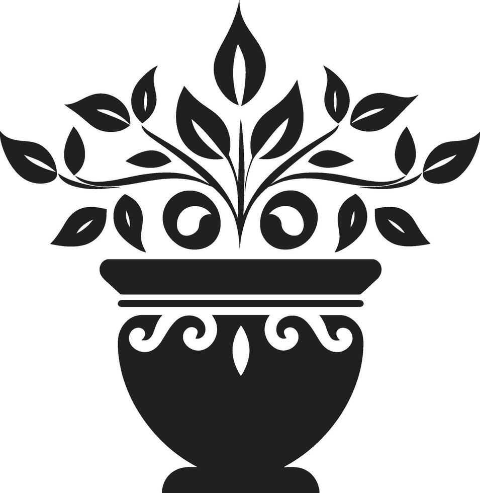elegant väsen elegant svart ikon med dekorativ växt pott naturer nisch svartvit emblem terar chic växt pott design vektor