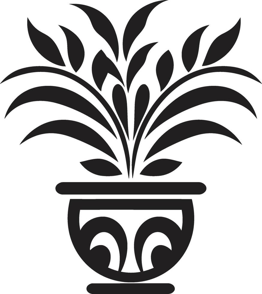 blühen Balance glatt schwarz Logo mit dekorativ Pflanze Topf Blütenblätter im Keramik einfarbig Emblem mit elegant Pflanze Topf Design vektor
