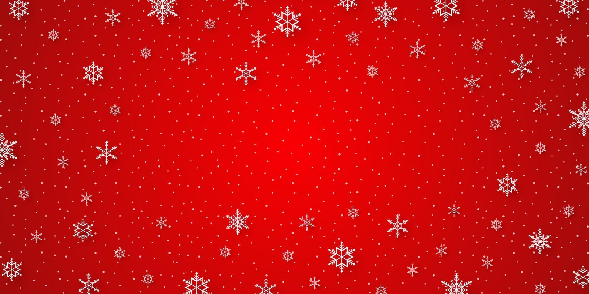 god jul, snöflingor och snöfall med röd bakgrund i papperskonststil vektor