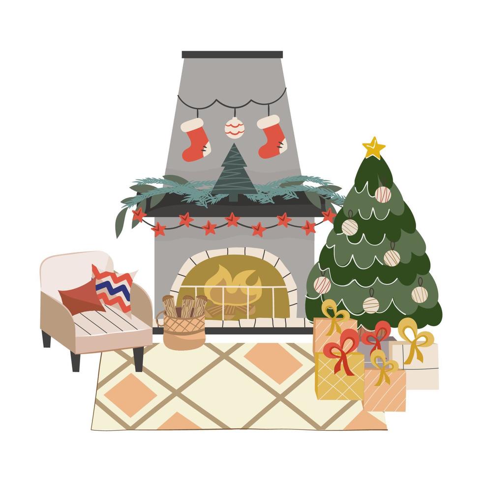 isolerade skandinavisk julinredning med öppen spis och julgran. mysig fåtölj och presenter. dekorerad öppen spis med strumpor, krans. vektor illustration.