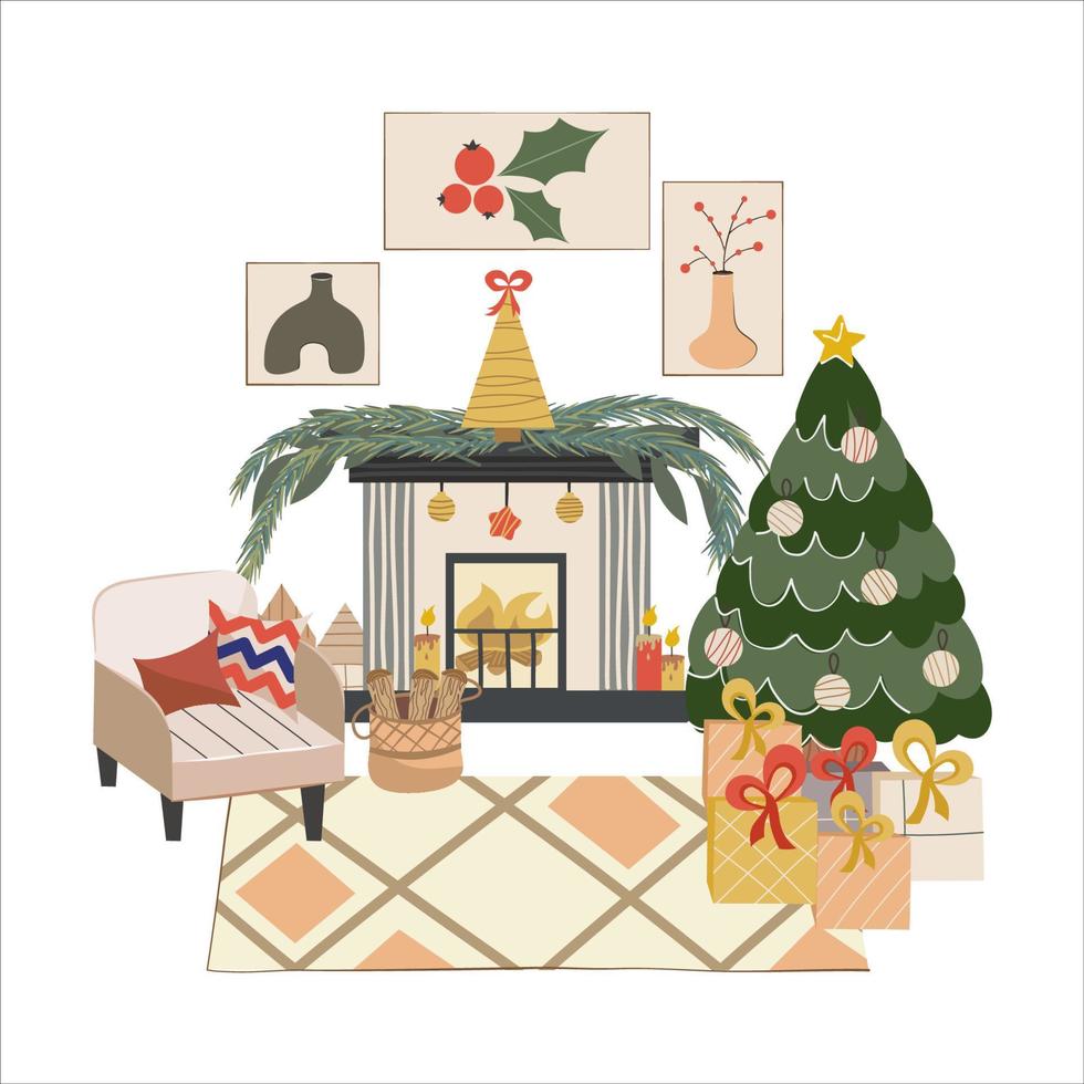 isolerade skandinavisk julinteriör med öppen spis, julgran. mysig fåtölj med kuddar och vedhög för vinterkvällar. matta, tavlor och presenter under trädet. vektor illustration.