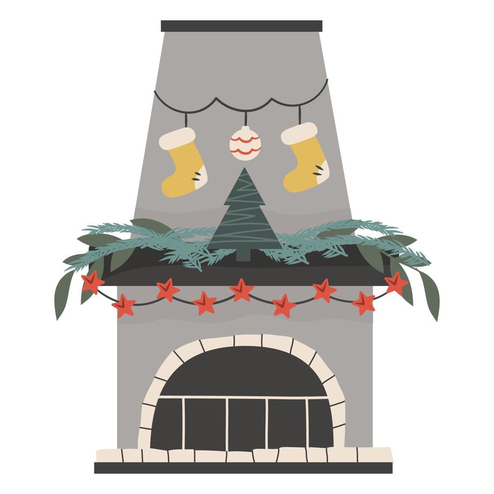 skandinavisk jul öppen spis med isolerade gran och girlander festlig mysig härd med hängande socks.vector illustration i platt stil. mysig vinterhelg. vektor
