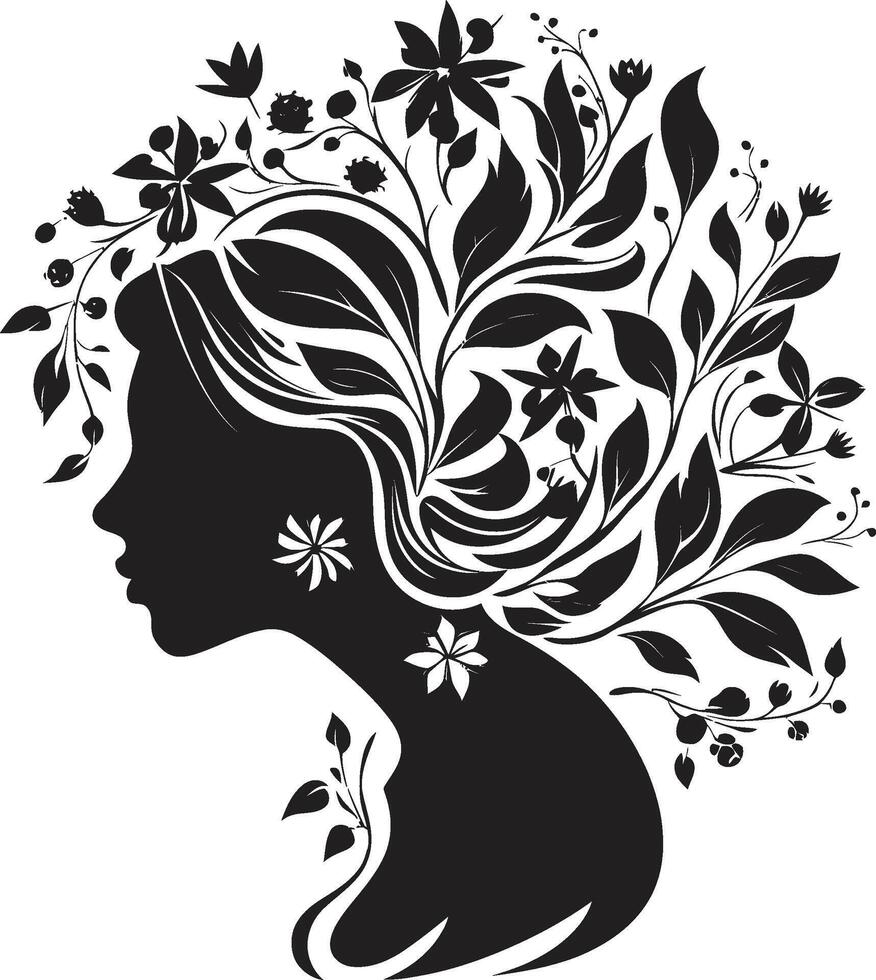 botaniska skönhet svart logotyp design med blommig kvinna ansikte infusion strålnings reste sig en vektor svart logotyp visa upp blommig kvinna ansikte