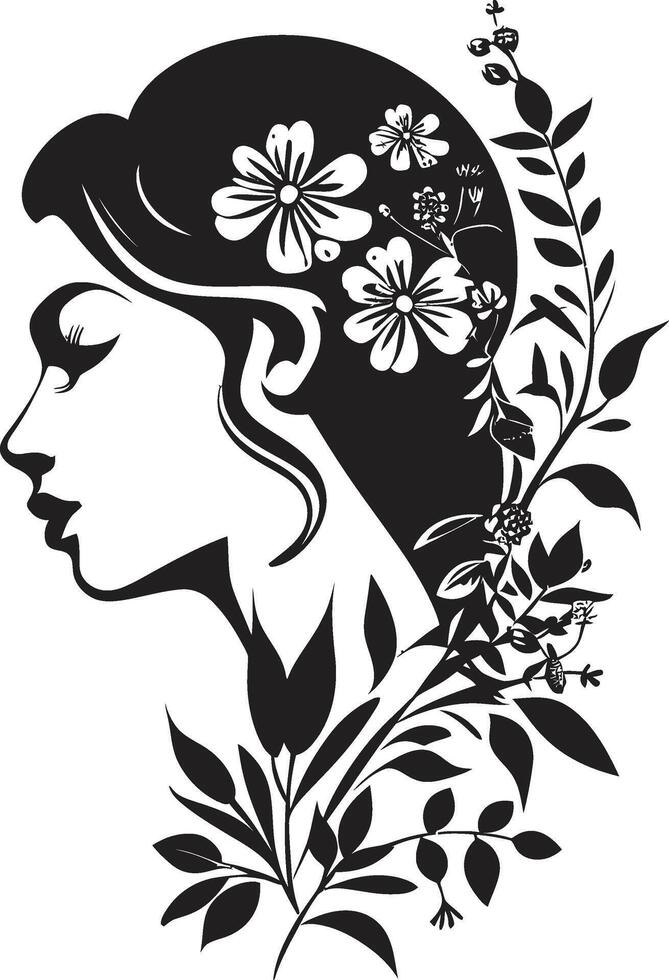 zauberhaft Blütenblätter Vektor schwarz Logo Hervorheben Frauen Gesicht im Blumen Blumen- Harmonie ein schwarz Logo Design Umarmen Frauen Gesicht mit Eleganz